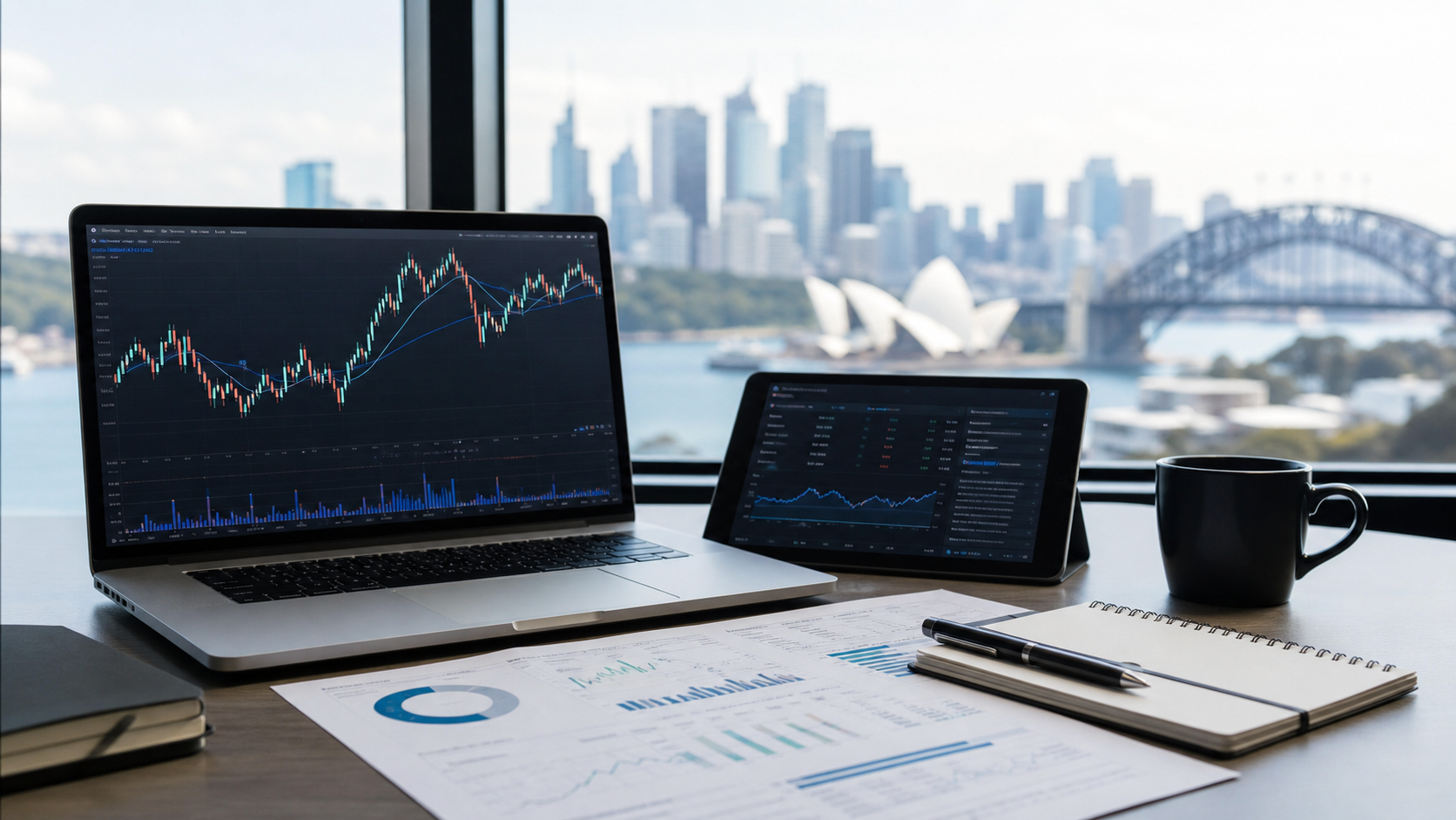 Sydney skyline with investment charts